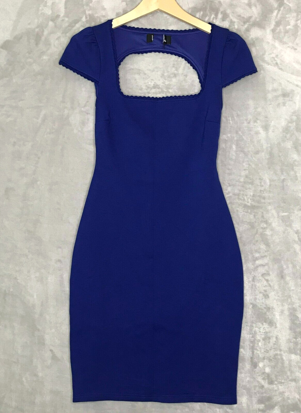 Lulus Dress Womens Small Blue Ponte Knit Sheath Square Neck Open Back Cap Sleeve